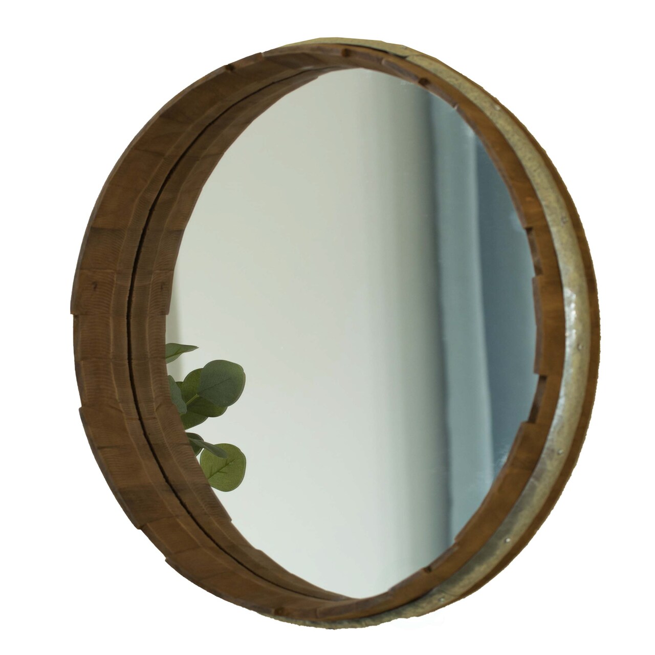 Round Rustic Wood and Galvanized Metal Framed Wine Barrel Shaped Wall Mirror